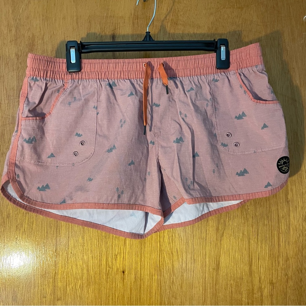 United By Blue Women’s Pink Organic Board Shorts with Mountain Design
